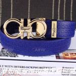 AAA Salvatoye Ferragamo Women's Blue Engraving Leather Belt - Yellow Gold Gancini Buckle